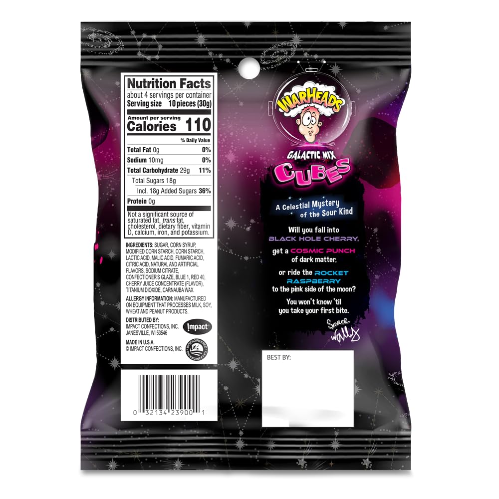 WARHEADS Galactic Mix Cubes - Sour Sweet & Fruity Chewy Candy - Black Hole Cherry, Rocket Raspberry & Cosmic Punch Flavors - 4.5