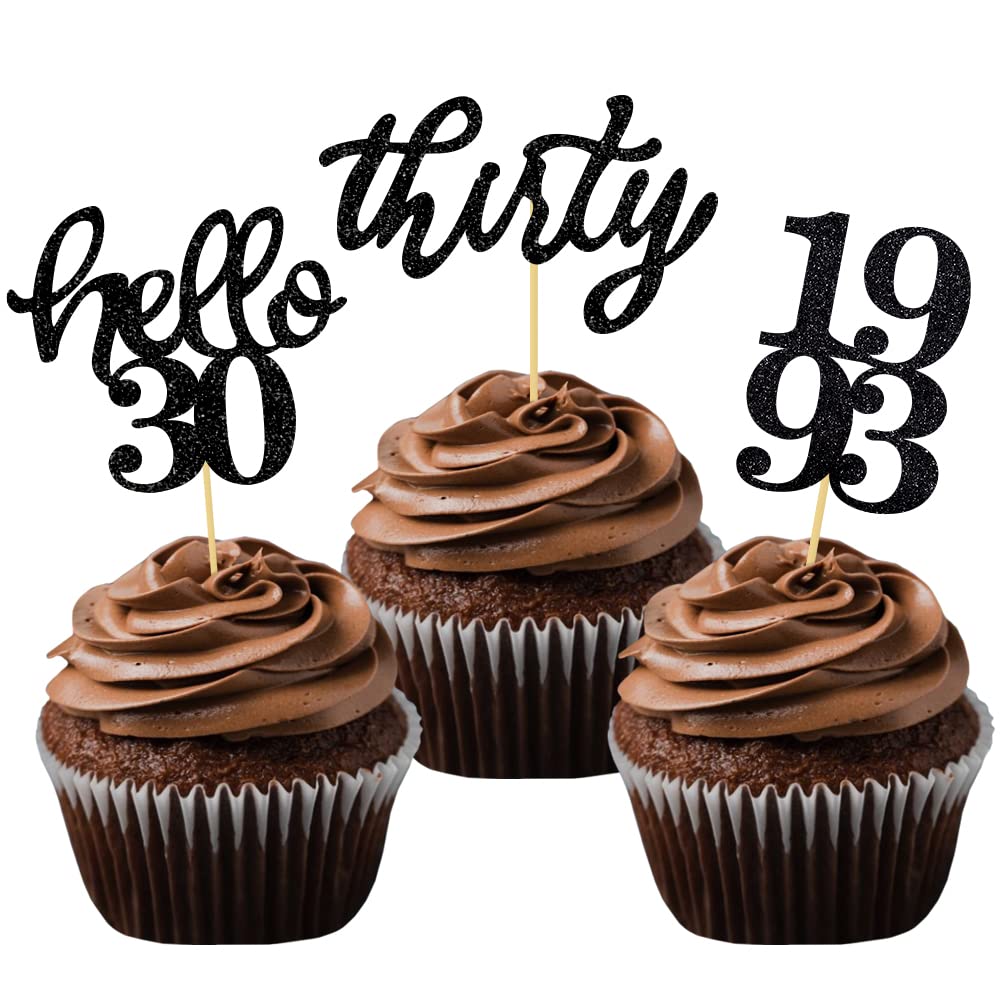 24 Pcs Black Glitter 30Th Birthday Cupcake Toppers For 30Th Anniversary Birthday Party Wedding Party Decorations