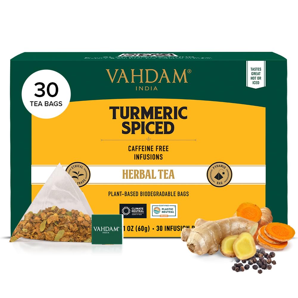 VAHDAM Turmeric Spice Herbal Tea Bags, 30 Count, Caffeine Free, Non GMO, Gluten Free, 100% Pure Herbal Tisane, Individually Wrapped