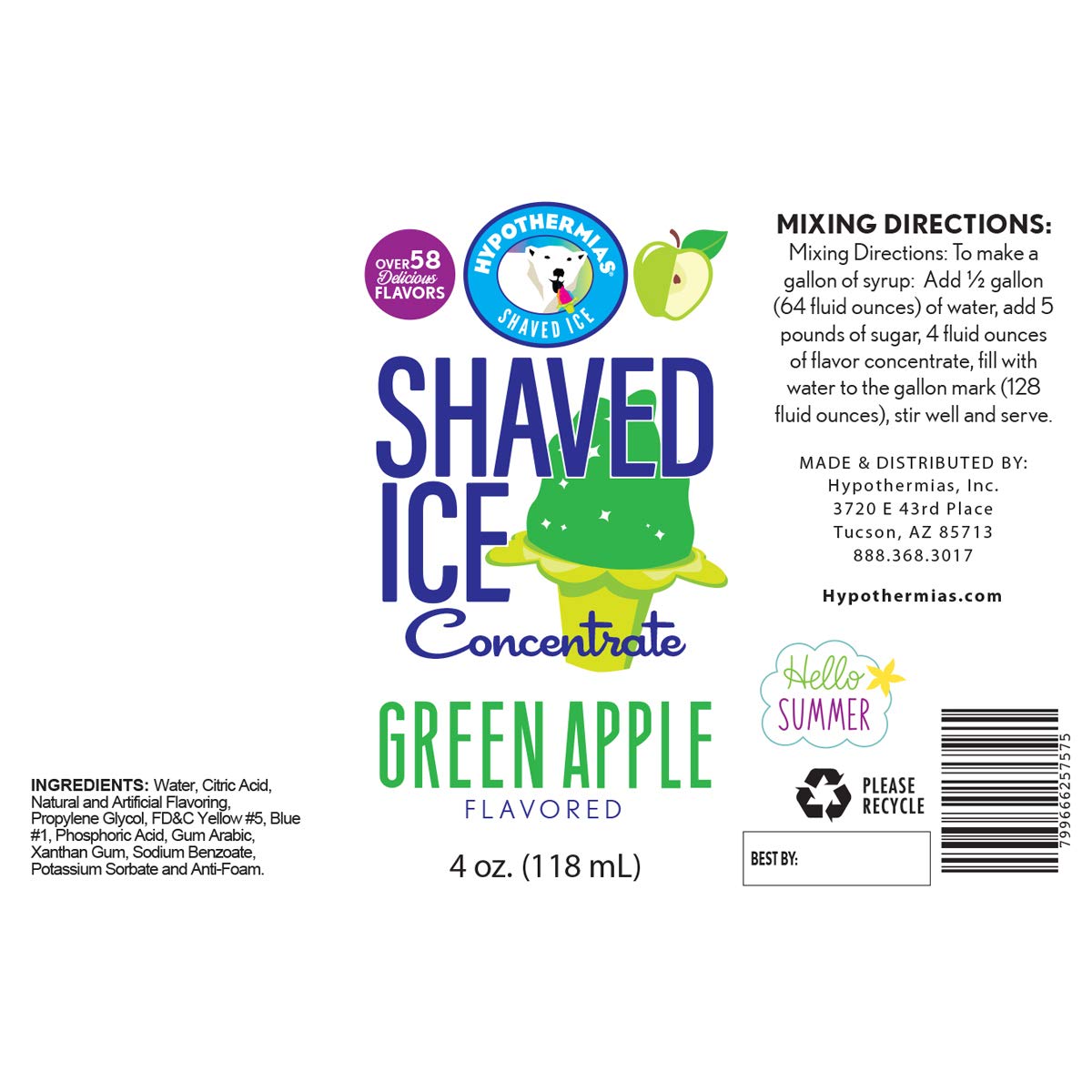 Hypothermias Unsweetened Shaved Ice & Snow Cone Syrup Concentrate - Green Apple - 4 Fl Oz - Makes 1 Gallon - Add Water & Sweetener