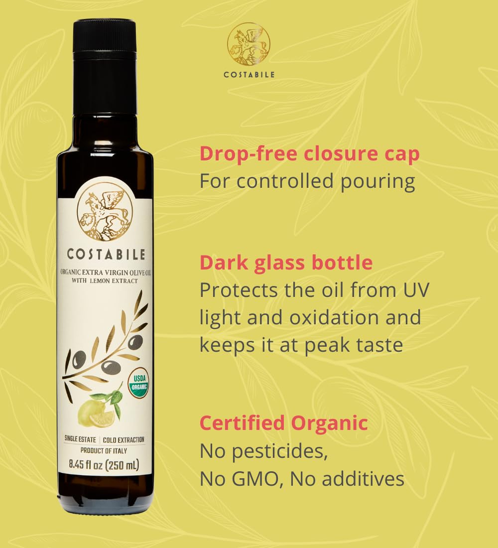 Costabile Extra Virgin Olive Oil with Lemon Infusion, 8.45 Fl Oz, Organic, Ideal for Dressings and Cooking