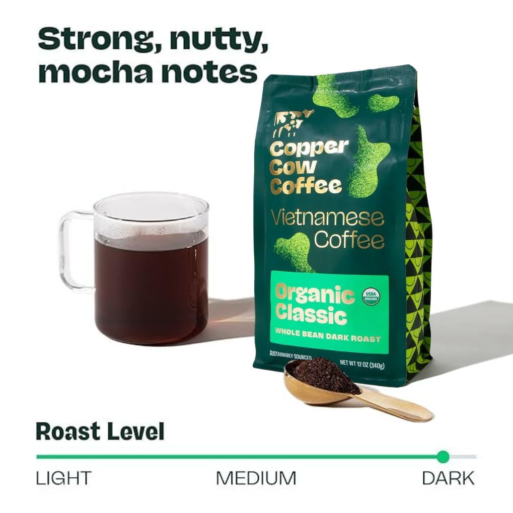 Copper Cow Coffee Premium Vietnamese Whole Bean Coffee | Organic Classic | Dark Roast | Sustainably Sourced | Whole Bean | 12Oz