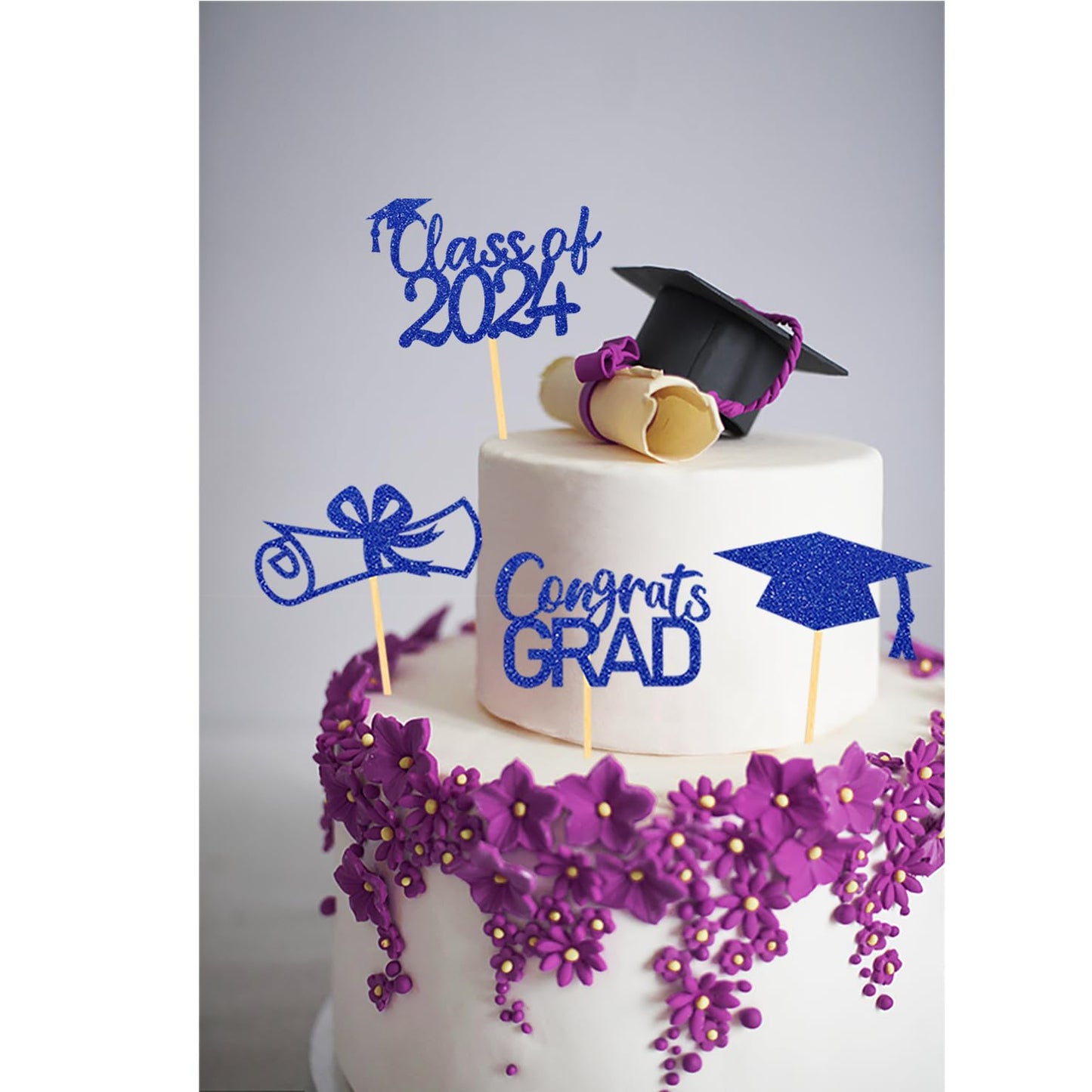 Moitkptt 2024 Graduation Topper, Set Of 24 (Blue) - Includes 4 Styles: Grad Cap, Diploma, 'Class Of 2024', 'Congrats'
