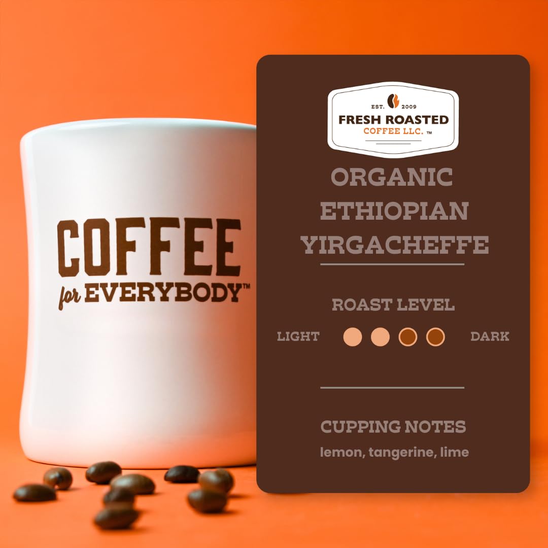Fresh Roasted Coffee, Fair Trade Organic Ethiopian Yirgacheffe, 5 Lb (80 Oz), Medium Roast, Mold & Mycotoxin Tested, Ground