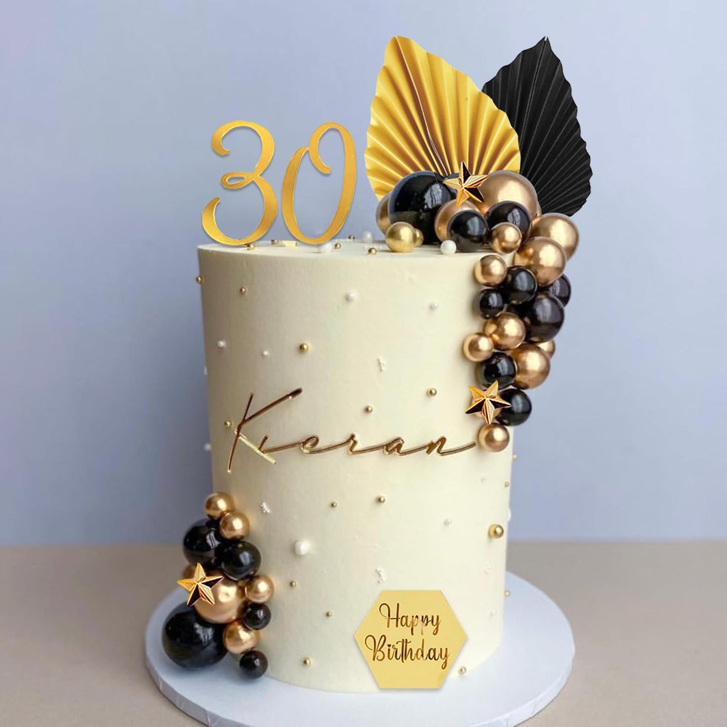44Pcs Balls Cake Topper Man Cake Decorations With Black Gold Balls Palm Leaves Acrylic Numbers 0-9 And Happy Birthday Cake Toppe