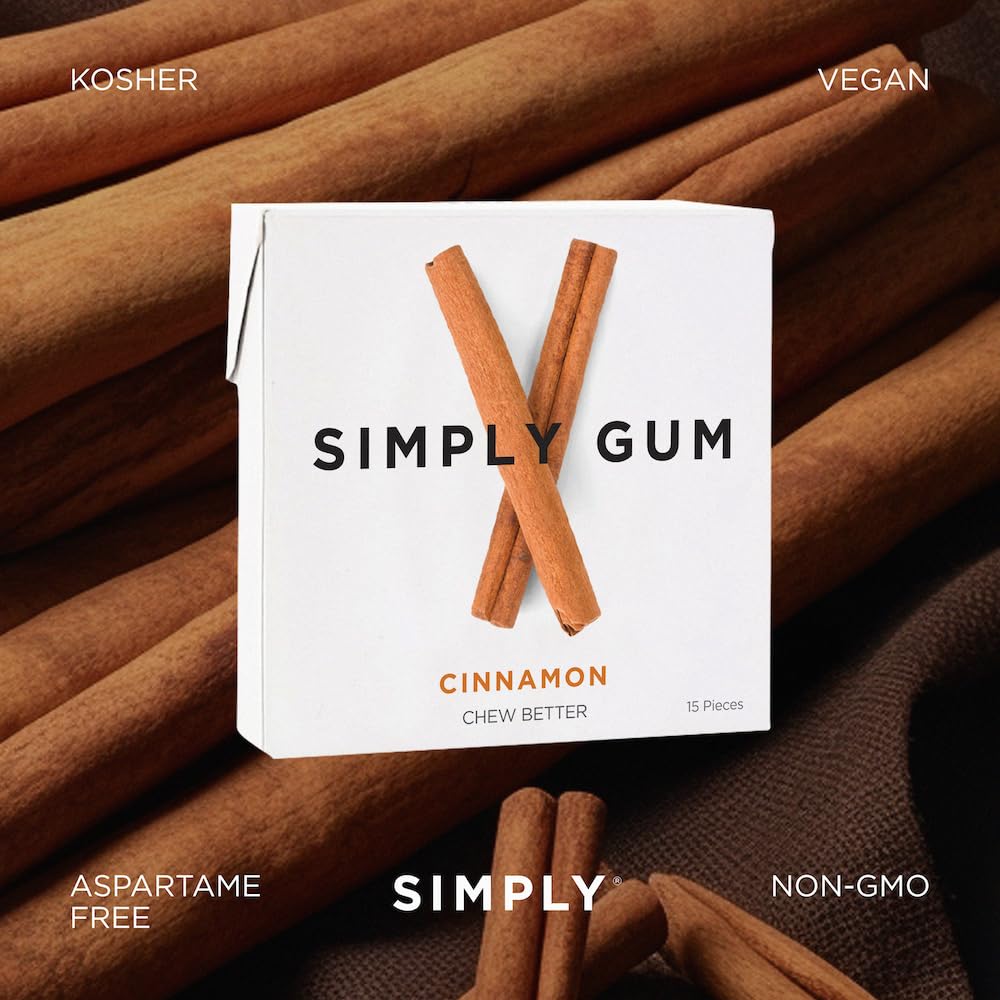 Simply Gum | Cinnamon | Plant- Based Chewing Gum | Pack Of 12 (180 Pieces Total) | Synthetic Free + Aspartame Free + Non Gmo