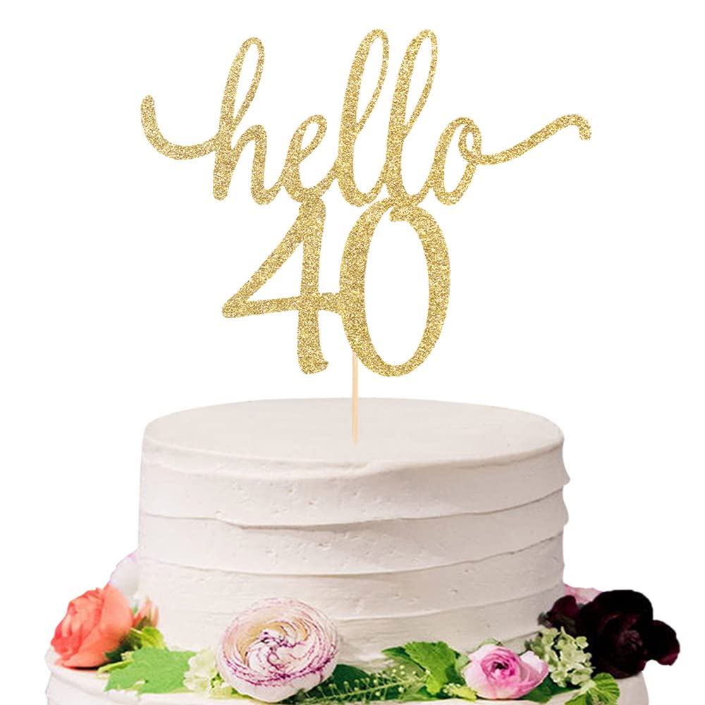 Sodasos Golden Glitter Hello 40 Cake Topper - Cheer To 40Th Years - 40 And Fabulous Cake Topper - Wedding Anniversary Party Sign