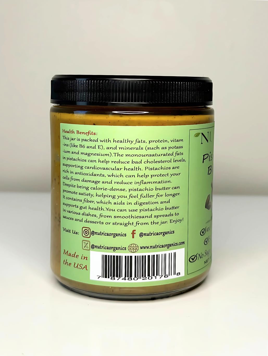 Nutrica Organics 100% Pure Pistachio Butter, No Additives, Vegan, 9.25oz - Ideal for Dubai Chocolate with Knafeh, Plant-Based Protein