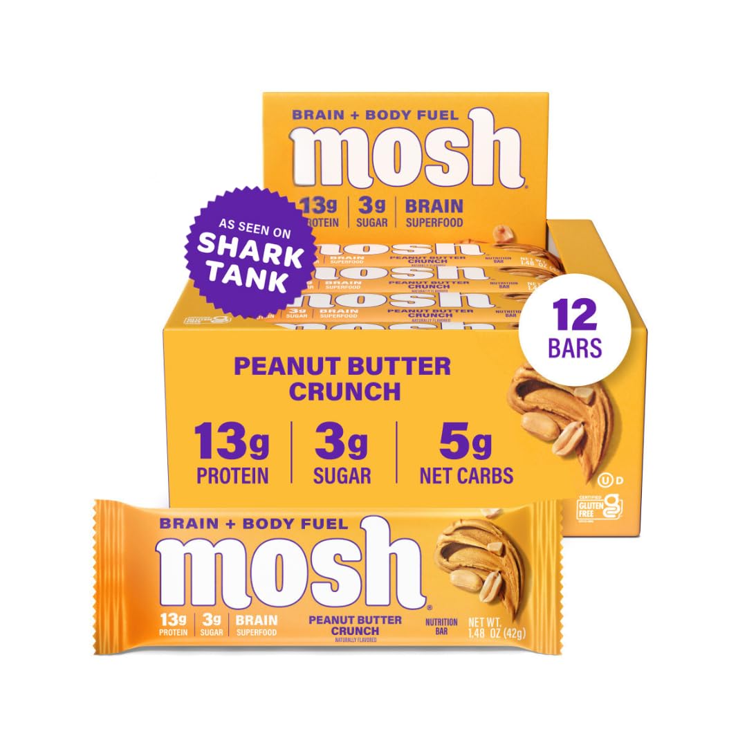Mosh Peanut Butter Crunch Keto Protein Bars, High Fiber, Low Carb, Gluten Free, High Protein, Brain Healthy Snack, 12 Count