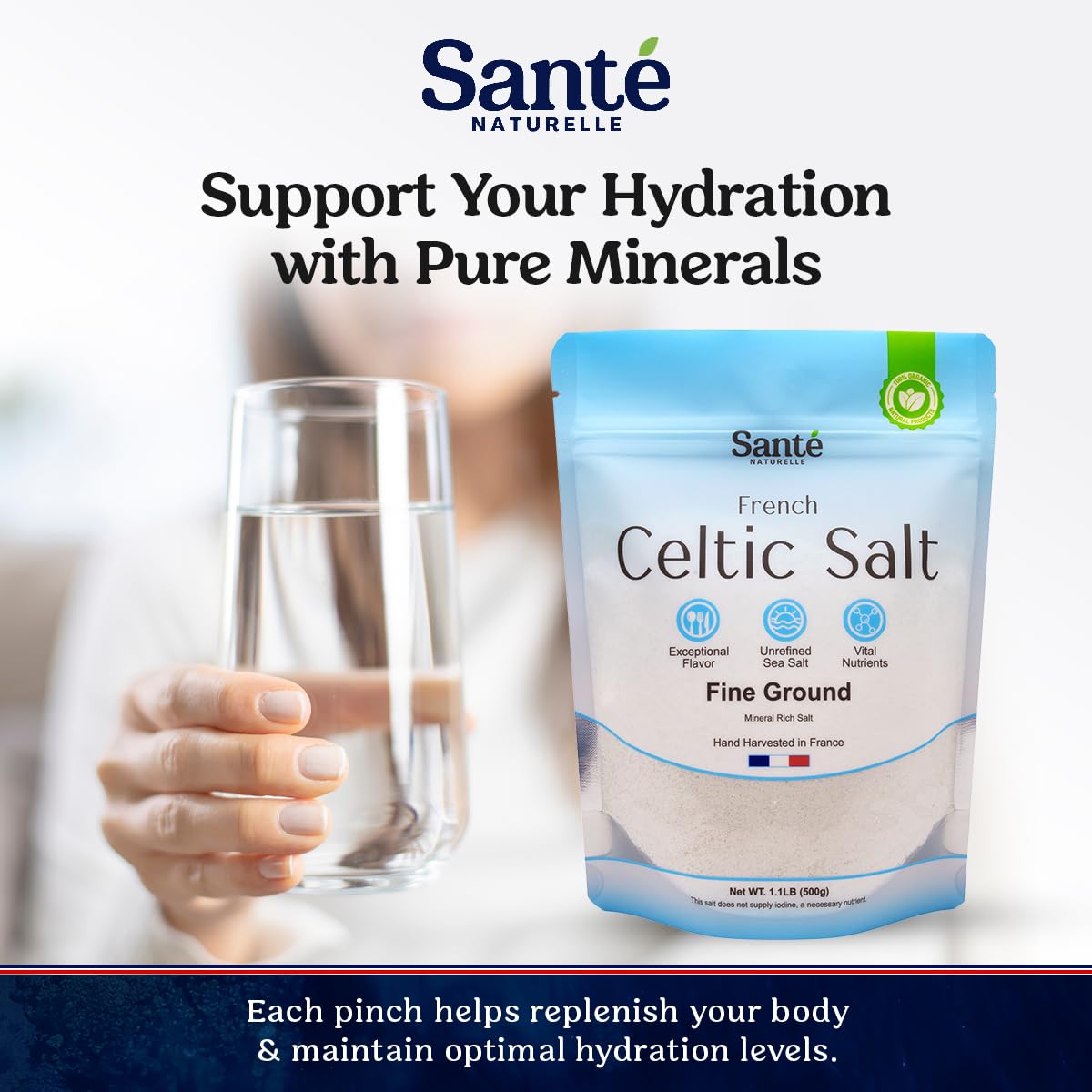 Sante Naturelle Celtic Salt Fine Ground Sea Salt - 1.1lb (18oz) Pack of 3  Unrefined Organic French Sea Salt  Rich in 82+ Minerals Salt  100% Natural & Hand Harvested Sal Celtica