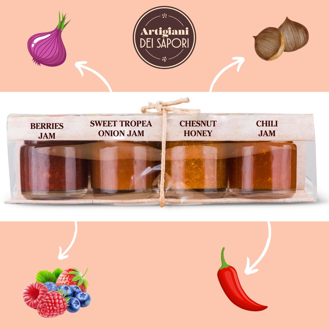 Artigiani dei Sapori La Formaggeria    Cheese Condiment 4-Pack - Sweet Tropea Onion Jam, Chili Jam, Chestnut Honey & Mixed Berri
