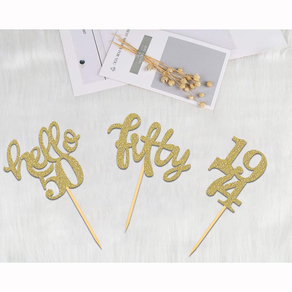 24 Pcs Gold Glitter 50Th Birthday Cupcake Toppers For 50Th Birthday Celebrating Party Decorations