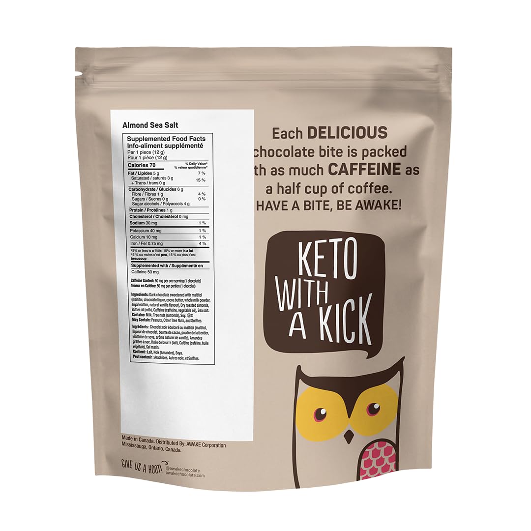AWAKE - Caffeinated Chocolate Bites - Almond Sea Salt Dark Chocolate (No Sugar Added)  50 Bites - 50mg Caffeine - Energy Bites - Coffee Alternative - Fairtrade  Gluten Free  Non GMO - 0.48oz