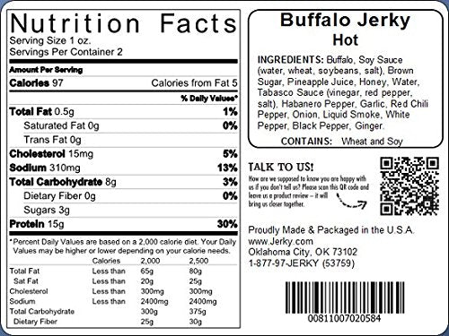 Jerky.Com Exotic Hot Buffalo Jerky - Wild Game Meat Snacks, Exotic Snacks, High-Protein, All-Natural, No Added Preservatives - H