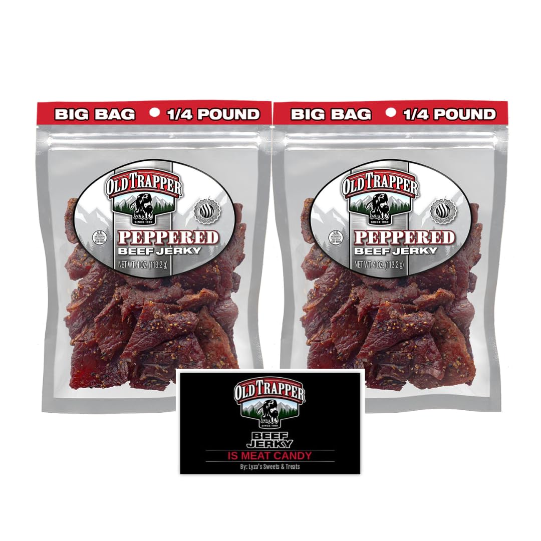 LYZAS SWEETS & TREATS Old Trapper Beef Jerky Gift Set, 100% Top Round Steaks, 2 Packs of 4 oz. Resealable Bags