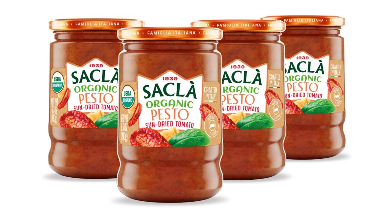 SACLA USDA Organic Sundried Tomato Pesto 4-Pack | Authentic Imported Italian Sun-Dried Tomatoes and Cheese Sauce | FOUR 6.7 oz G