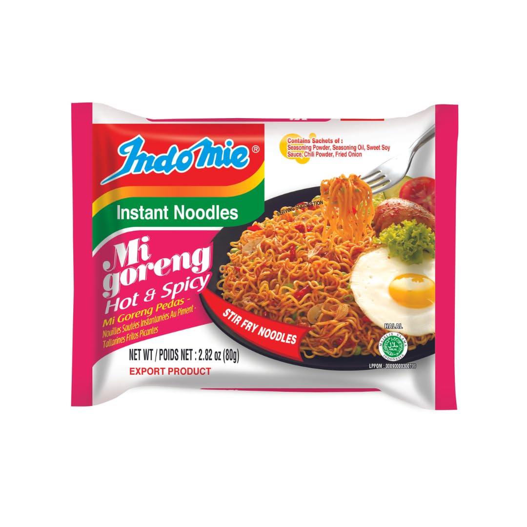 Indomie Mi Goreng Instant Noodles, Halal, 60 Pack – 30 Original + 30 Hot N Spicy Flavor, Stir Fry Style (Pack Of 60)