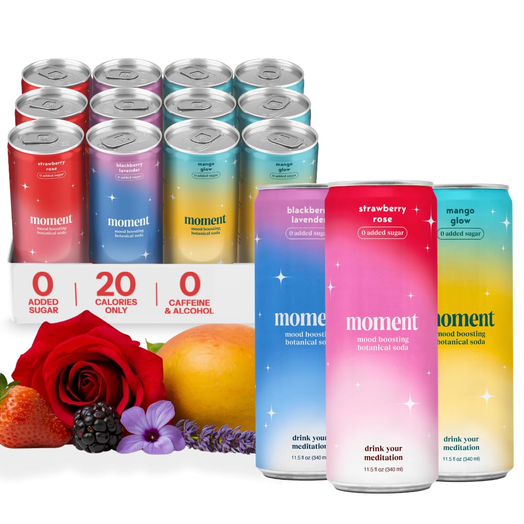 Moment Adaptogen Drink (Shark Tank) - SPARKLING Fruity Fun | Strawberry Rose  Mango Chilli  Plum Ginseng | L-Theanine & Ashwagandha for Calm & Clarity | 0 Added Sugar  0 fermented-style flavor | 12-pack