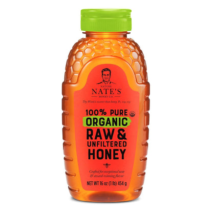 Nates Organic 100% Pure, Raw & Unfiltered Honey - USDA Certified Organic - 16oz. Squeeze Bottle