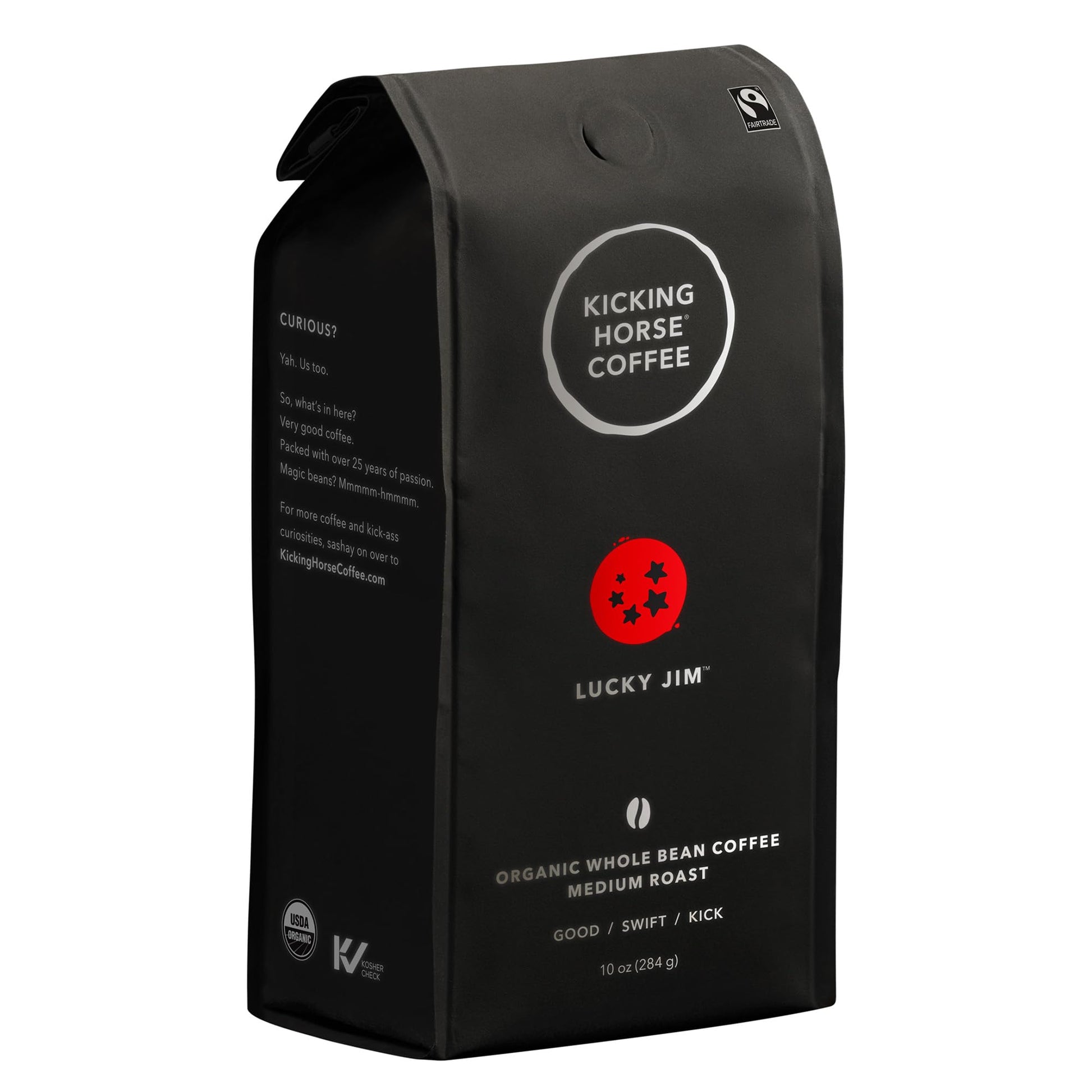 Kicking Horse Coffee Lucky Jim Whole Beans, Medium Roast, Certified Organic Fairtrade Kosher Coffee, Black, 10 Oz (Pack of 6)