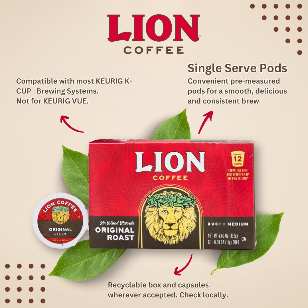 Lion Coffee Original Medium Roast Coffee Pods, Compatible with Keurig, 12 Count Box