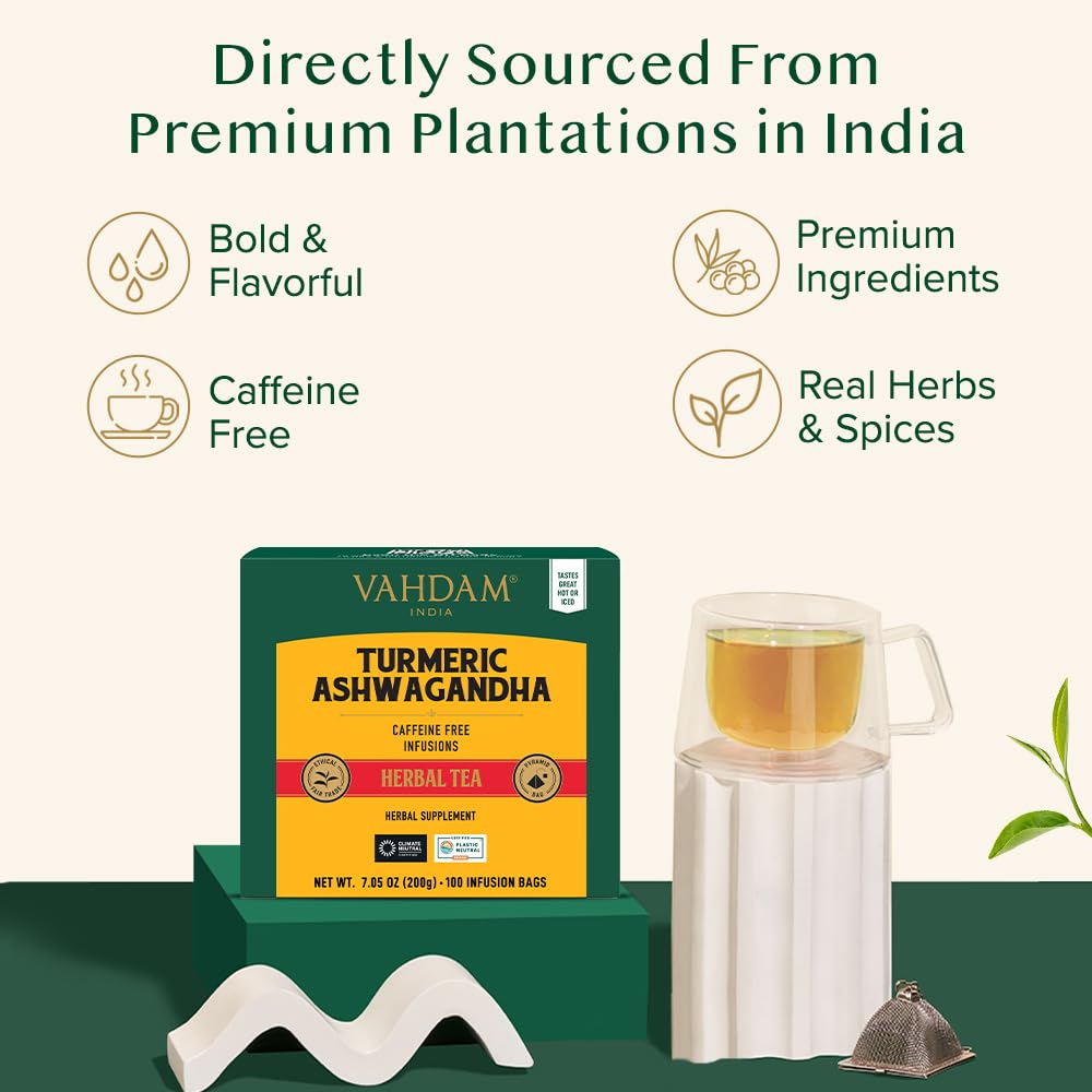 VAHDAM Turmeric Ashwagandha Herbal Tea Bags - 100 Count, Caffeine Free, Non-GMO, Gluten Free, Sweet & Earthy Flavor