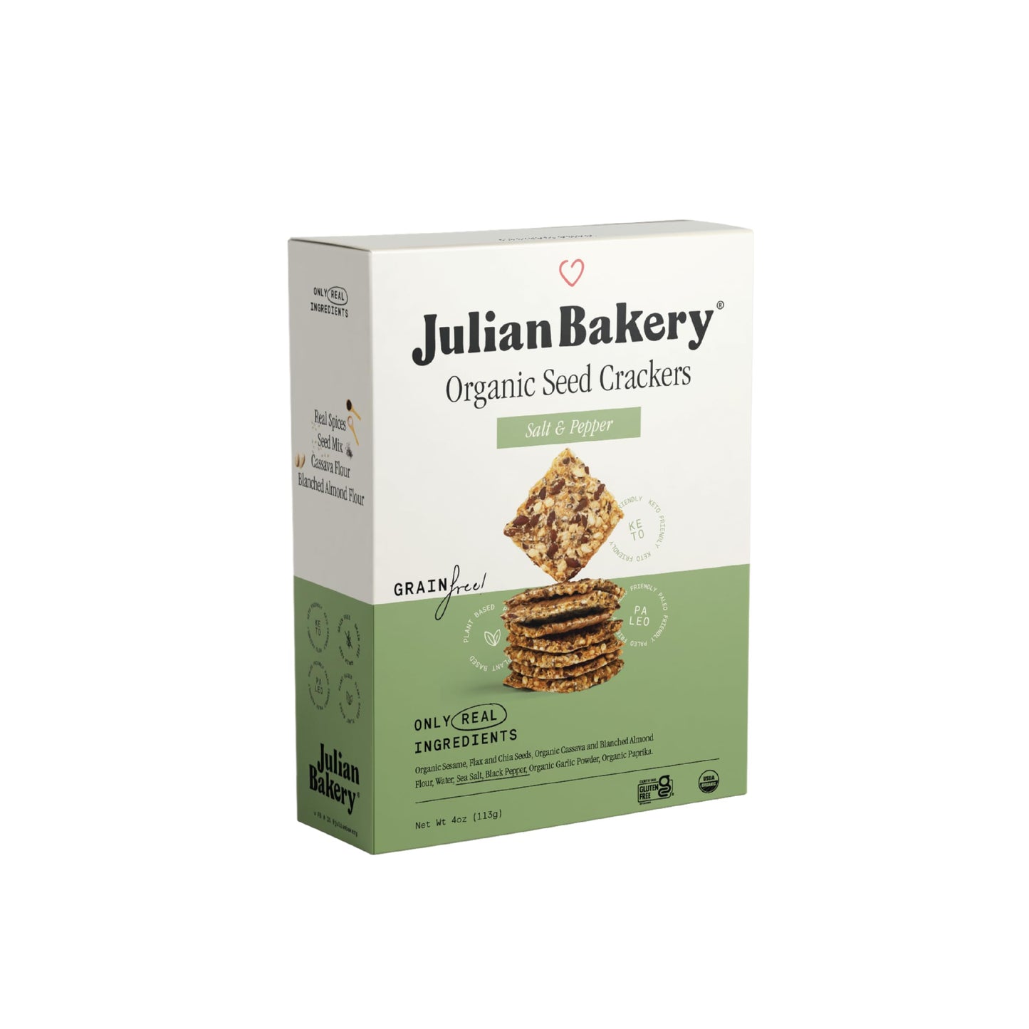 Julian Bakery Organic Seed Crackers - Salt & Pepper 4oz | Gluten Free and Organic Certified | Grain Free | Low Carb | Plant-Base