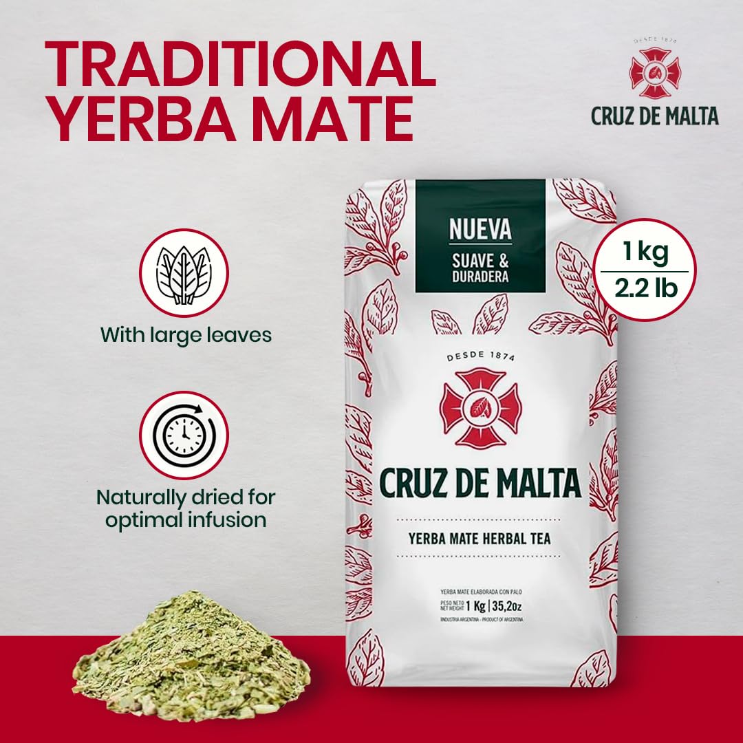 Cruz de Malta Yerba Mate Tea - 1kg (2.2 lbs) Loose Leaf - Traditional Argentine Herbal Tea - Smooth Flavor, Naturally Sourced -