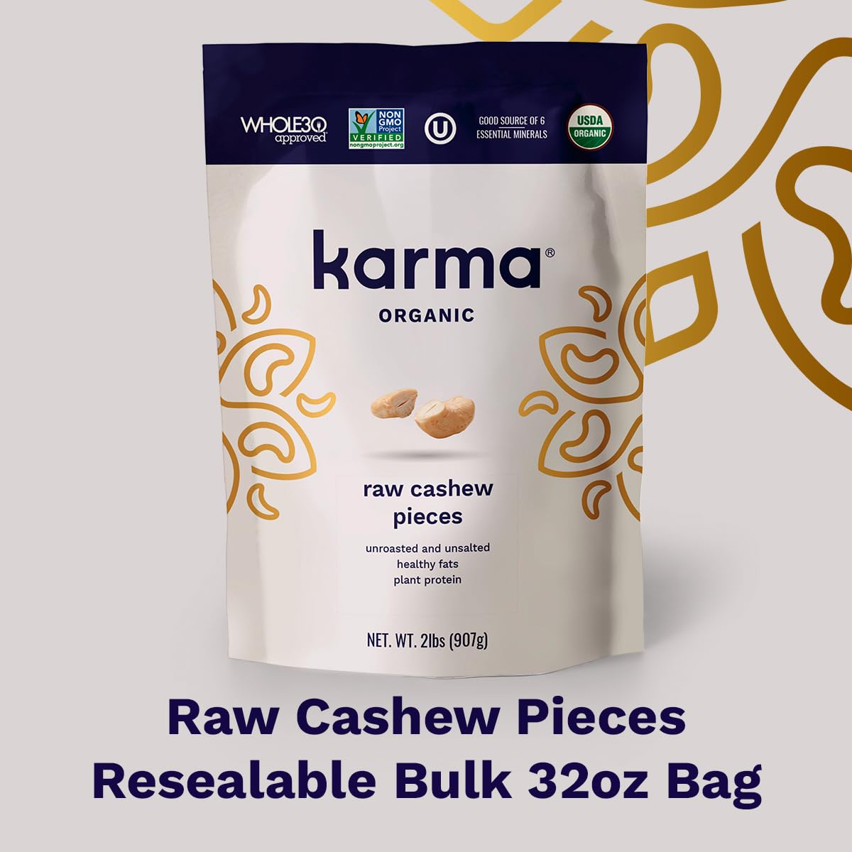 Raw Cashew Pieces By Karma Nuts, Roasted, Vegan, Gluten Free, Low Net Carb, Natural, Everyday Nut Snack, Great For Baking, Resealable Bulk 32Oz Bag