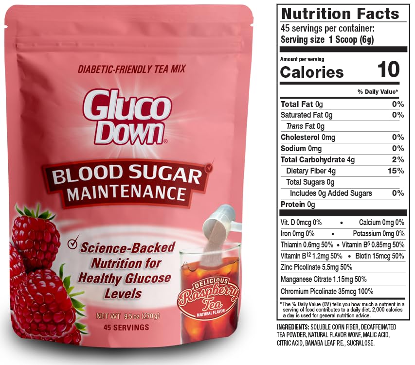 Glucodown, Delicious Raspberry Tea Mix, Protected Design Pending Dietary Fiber Formula For Maintenance Of Healthy Blood Sugar & Cholesterol, 45 Servings.