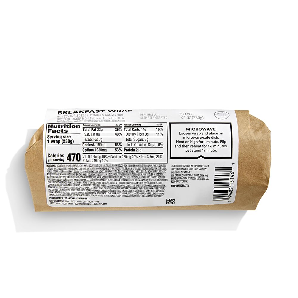 Whole Foods Market, Egg, Cheese & Uncured Bacon Breakfast Wrap, 8.1 Ounce