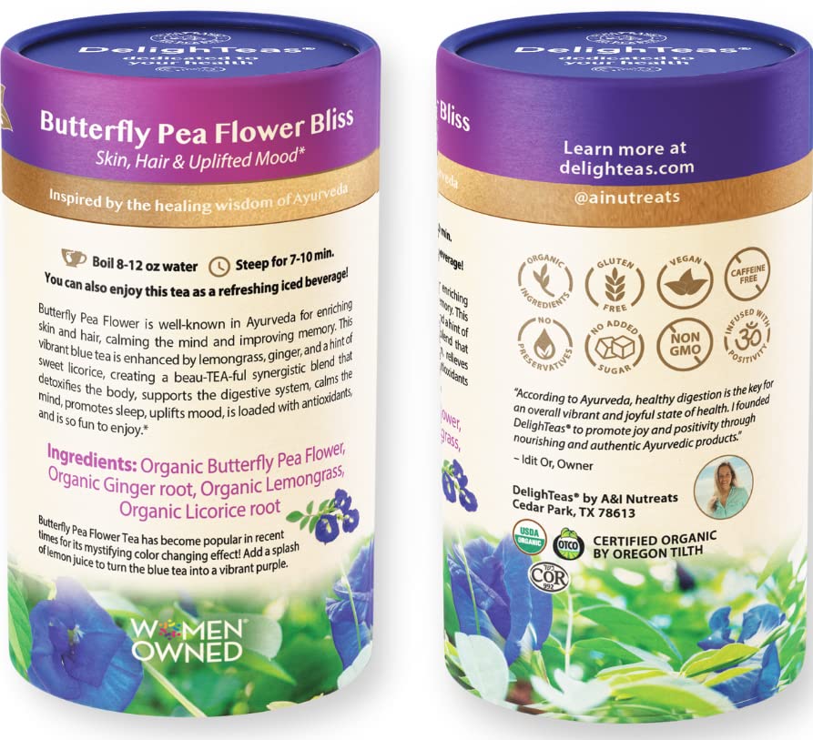 DelighTeas Organic Butterfly Pea Flower Tea with Ginger & Lemongrass, 16 Pyramid Tea Bags, USDA Organic, Vegan, Caffeine Free