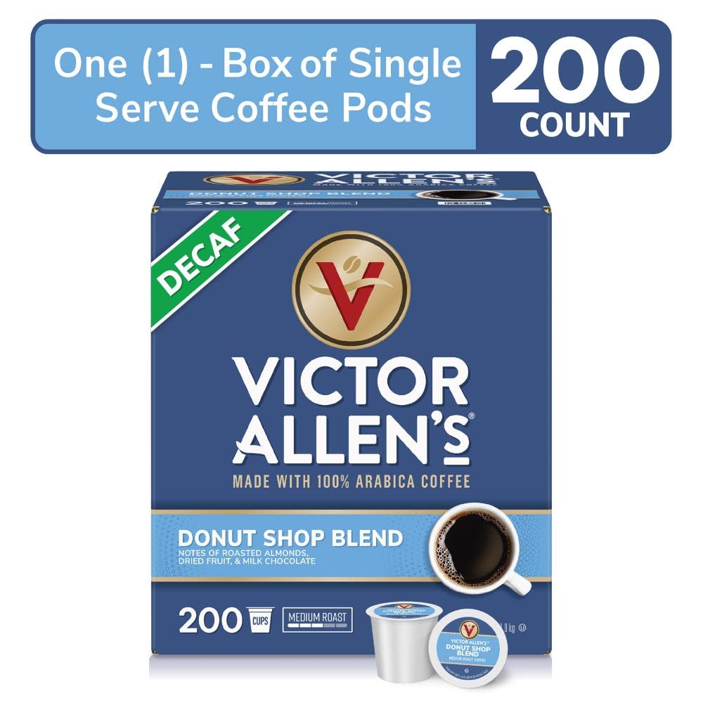 Victor Allens Coffee Decaf Donut Shop Blend, Medium Roast, 200 Count Single Serve Pods, Brown
