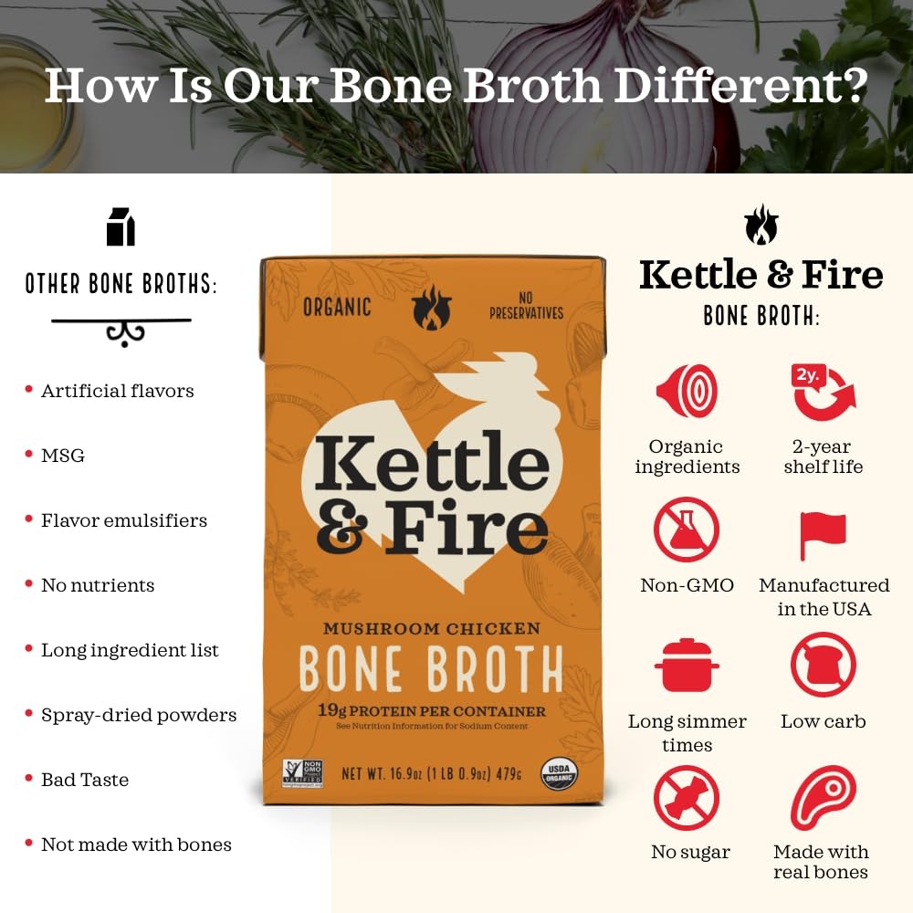 Kettle & Fire Mushroom Chicken Bone Broth, Keto, Gluten Free, 12 Pack, 16.9 Fl Oz