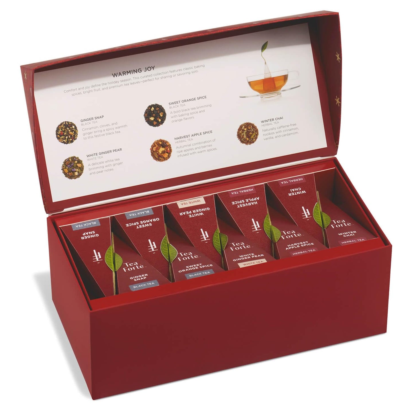 Tea Forte Warming Joy Holiday Enhanced Presentation Box Gift Set Sampler, 20 Count, 4 Of Each Blend Individually Wrapped Handcrafted Pyramid Infuser Bags