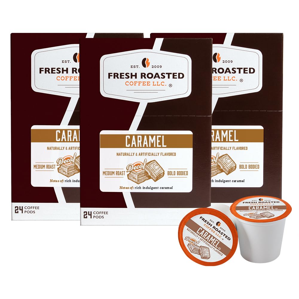 Fresh Roasted Coffee Decaf Caramel Flavored Coffee Pods, 72 Count, Pack of 3