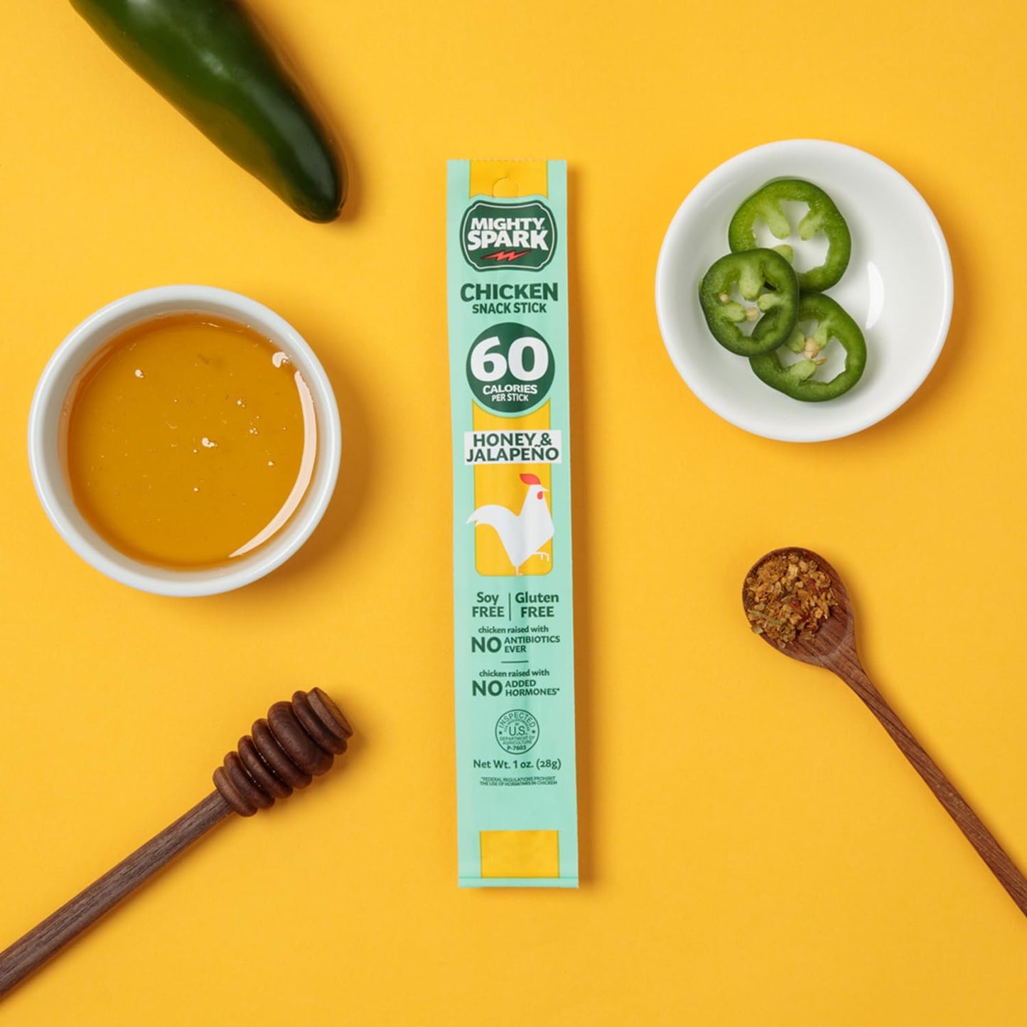 Mighty Spark Chicken Snack Sticks - Honey and Jalapeno - 6g of Protein, No Antibiotics Ever, No Hormones Added, Gluten Free, Soy