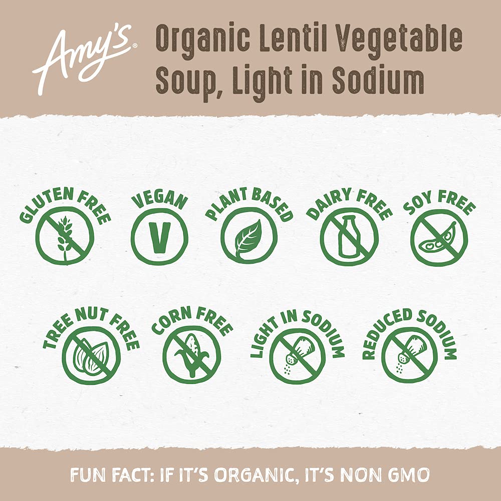 Amy’S Soup, Vegan Lentil Soup, Light In Sodium, Gluten Free, Made With Organic Green Lentils And Vegetables, Canned Soup, 14.5 Oz (12 Pack)