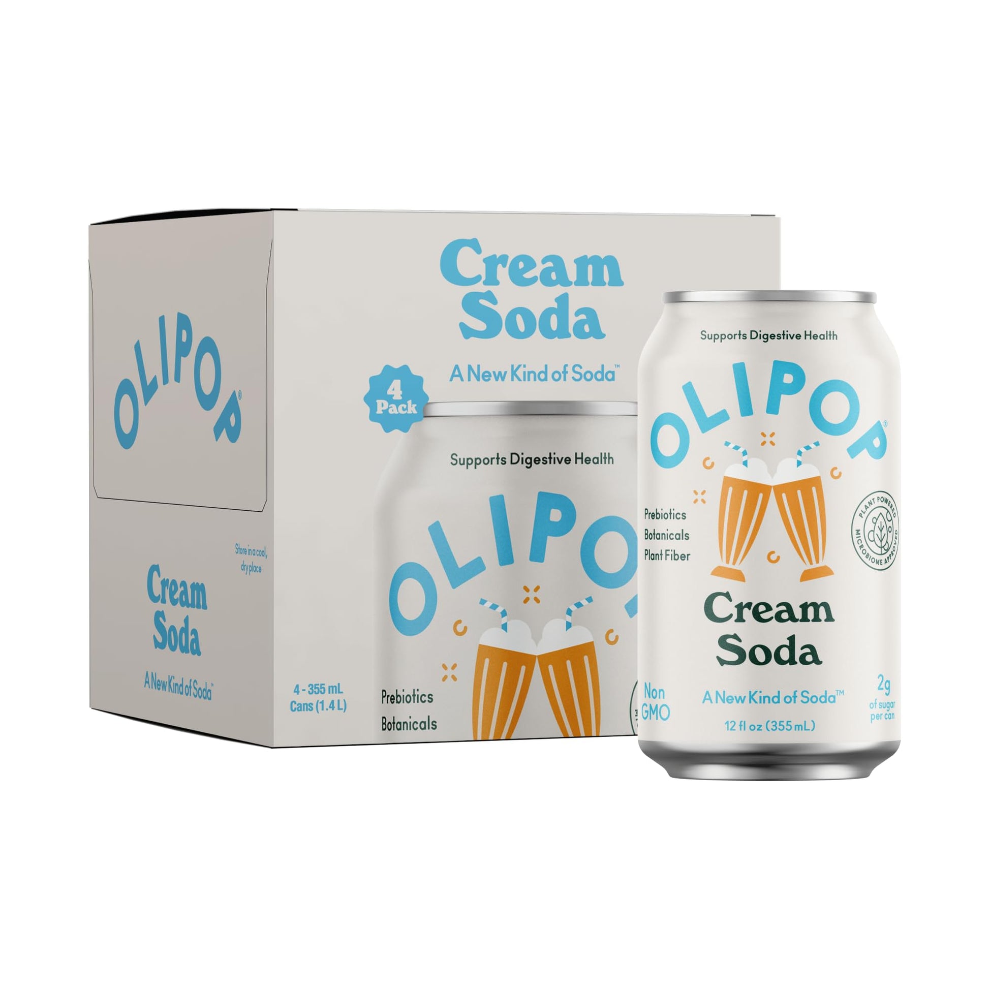 OLIPOP Prebiotic Soda Pop  Cream Soda  Prebiotics  Botanicals  Plant Fiber  12 fl oz (4 Cans)