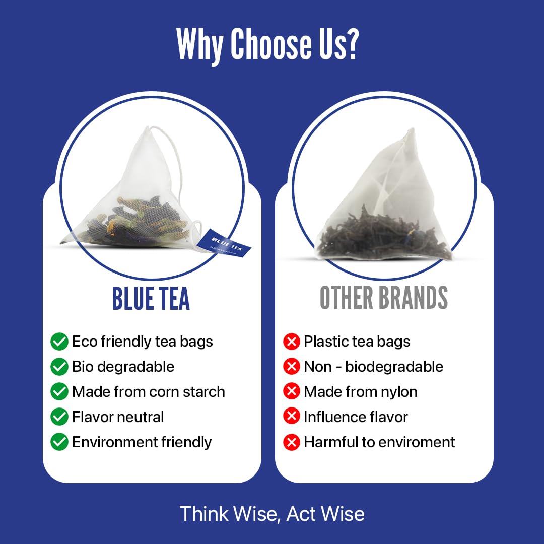 BLUE TEA Butterfly Pea Flower Cardamom Herbal Tea - Caffeine Free, 10 Tea Bags, Non-GMO, Blue Color