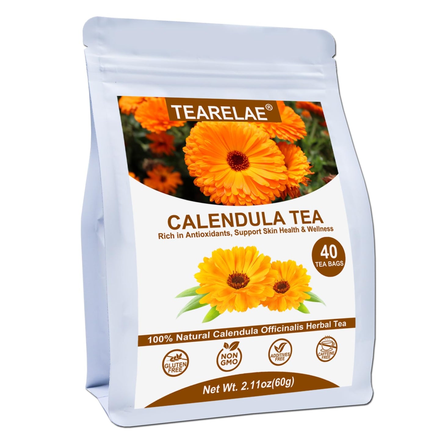 TEARELAE Premium Calendula Flowers Tea Bags - Natural, Caffeine-Free, 1.5g x 40 Count, Non-GMO, Digestion Support