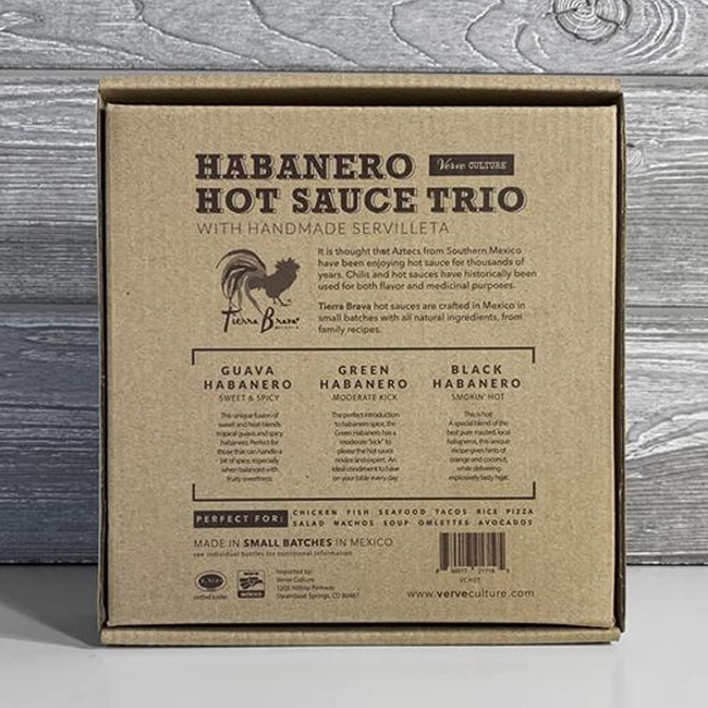 Habanero Hot Sauce Trio & Servilleta Napkin, Tierra Brava By Verve Culture, Set Of 3 Different Flavors, 5 Oz Each