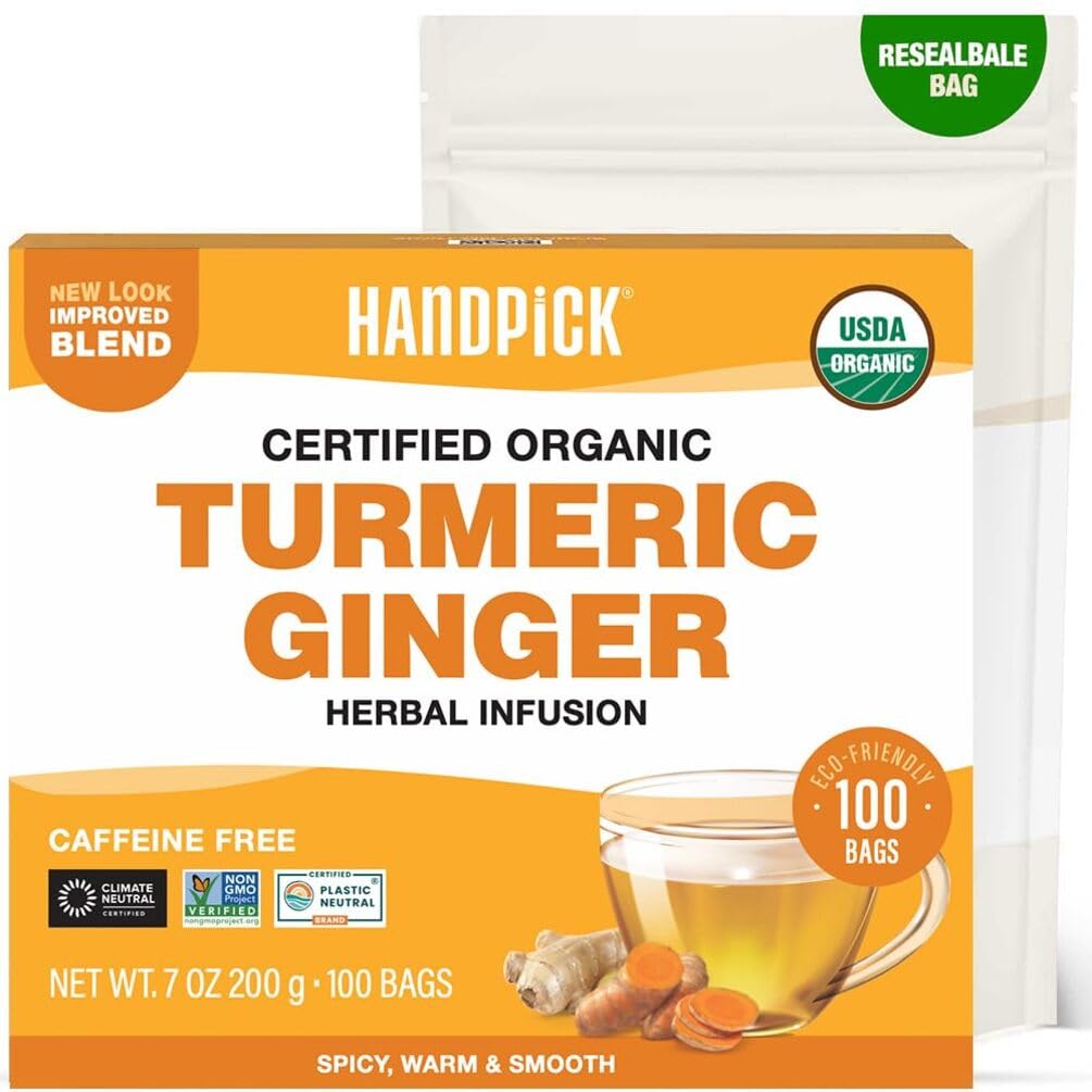 HANDPICK  Turmeric Ginger Tea  100 Eco-Conscious Tea Bags | Caffeine Free  Gluten Free | 100% Pure Herbal Blend - Savory & Spicy