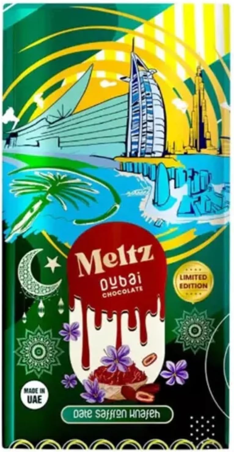 Meltz Pistachio Chocolate Date Saffron Bar - 192g Luxury Milk Chocolate Treat, Individually Wrapped, Brown