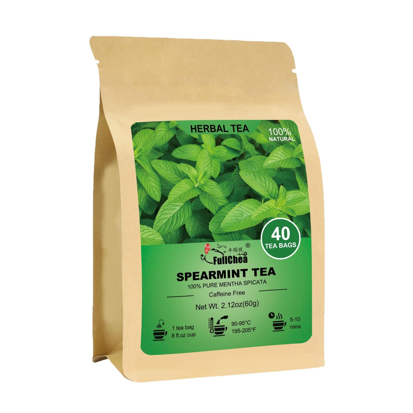 FullChea Spearmint Tea Bags - Premium Non-GMO Caffeine-Free, 40 Count, 1.5g/bag, High in Antioxidants, Supports Digestion
