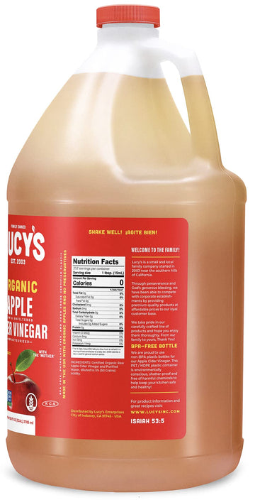 Lucys Organic Apple Cider Vinegar, Unfiltered & Raw, Gallon Size, Non-GMO, 128 Fl Oz
