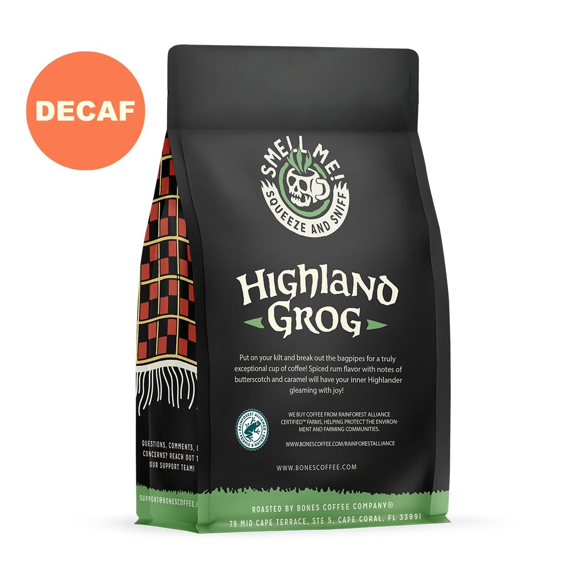 Bones Coffee Company Decaf Highland Grog Whole Coffee Beans Butterscotch Caramel Flavor, Low Acid Flavored Coffee, Made With Ara
