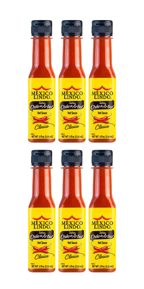 Mexico Lindo Chile De Arbol Hot Sauce Ingredients | 12,190 Scoville Level | Classic Flavor | 5 Fl Oz Bottles (Pack Of 6)