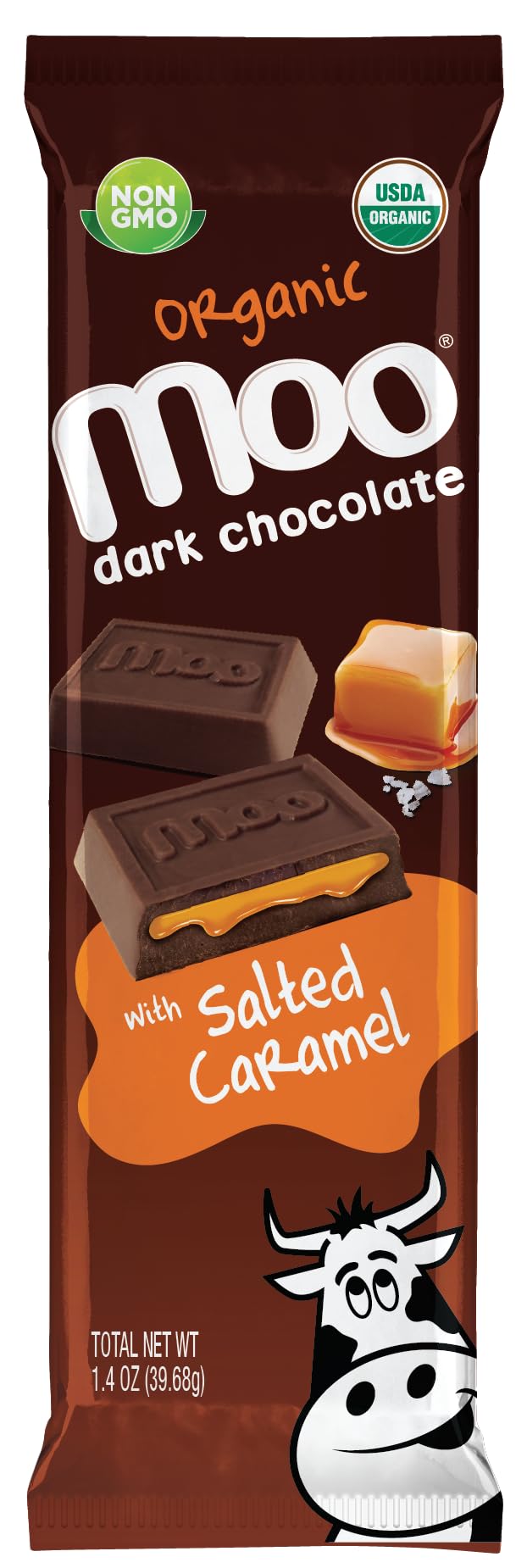 Moo Chocolates Organic Dark Chocolate Large Bars With Salted Caramel 1.4 Oz, 14 Ct (Pack Of 1) | Usda Organic, Non-Gmo | 100 Cal