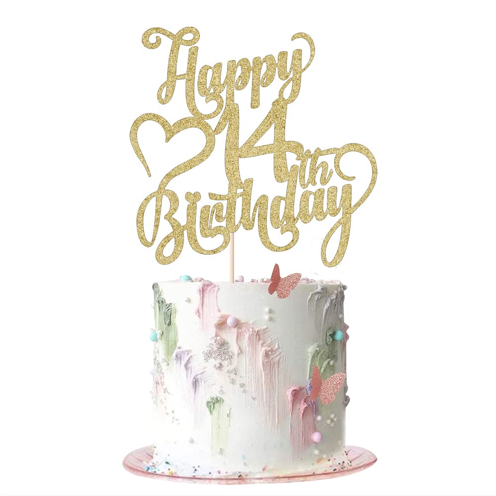 Arokippry Gold Glitter Happy 14Th Birthday Cake Topper - 14 Anniversarybirthday - Hello 14, Cheers To 14 Years,14  Fabulous Cake